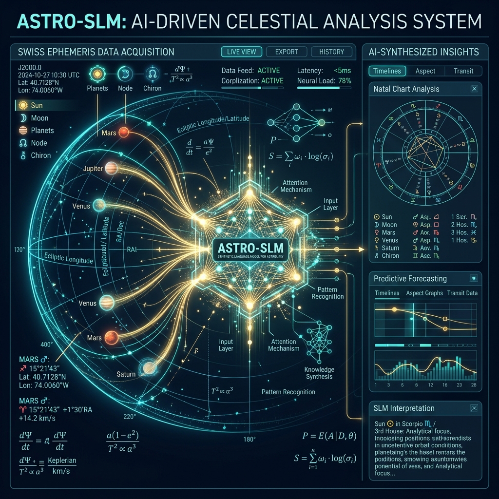 A high-tech digital dashboard representing the quantized Astro-SLM neural network