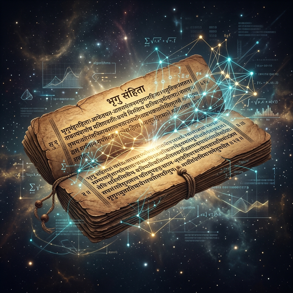 Ancient Sanskrit Bhrigu Samhita manuscript illuminated by a digital network matrix