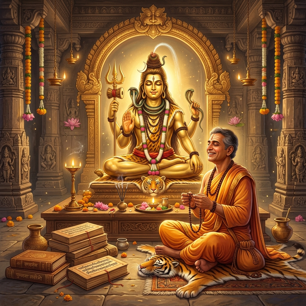 Serene devotee meditating with Japa Mala in front of golden statue of Lord Shiva