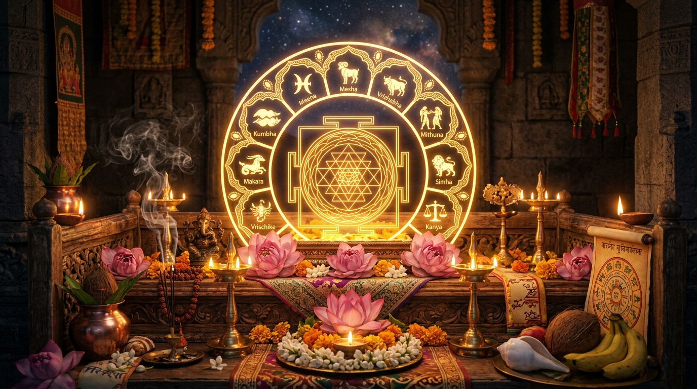 Celestial Zodiac Wheel and Shree Yantra illuminated during Navaratri