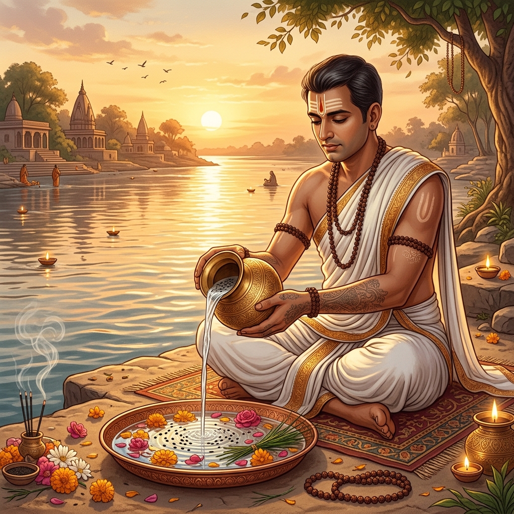 Traditional Vedic Tarpanam ritual where water mixed with black sesame seeds is offered with love and prayers